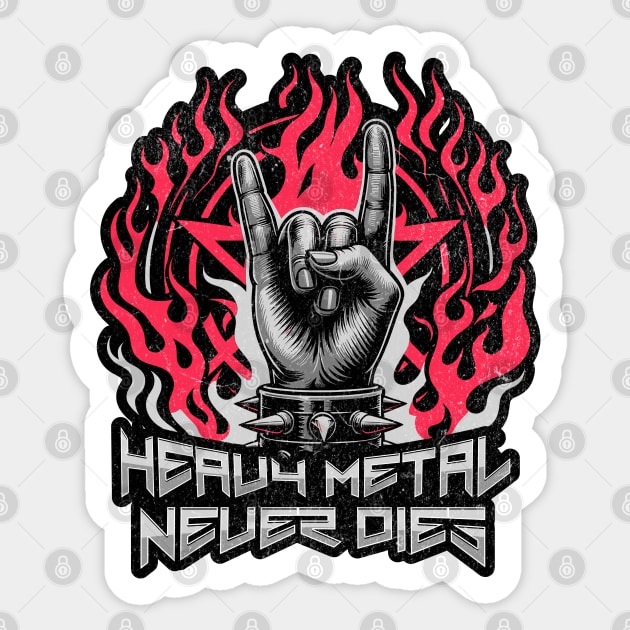 Heavy Metal Never Dies - Flaming Horns Hand Pentagram Rock N' Roll Sticker by Lunatic Bear